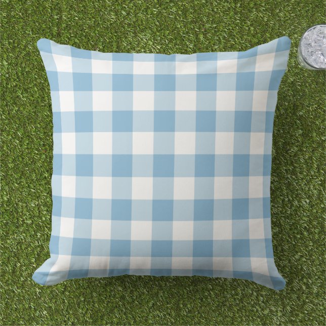 Sky Blue and White Gingham Plaid Pattern Cushion (Grass)