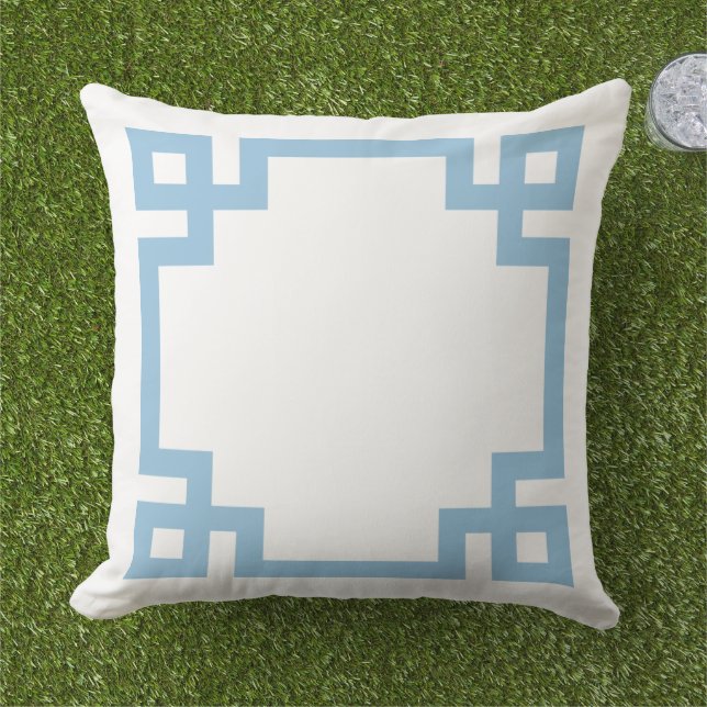 Sky Blue and White Greek Key Border Cushion (Grass)