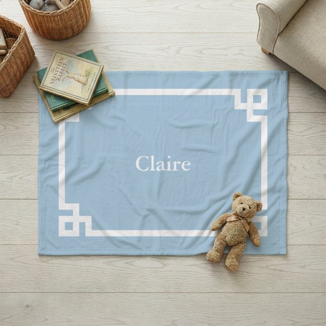 Sky Blue and White Greek Key Monogram Fleece Blanket (Creator Uploaded)