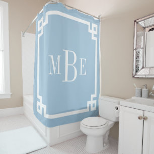 Sky Blue and White Greek Key Monogrammed Shower Curtain