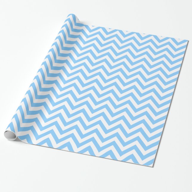 Sky Blue and White Large Chevron ZigZag Pattern Wrapping Paper (Unrolled)