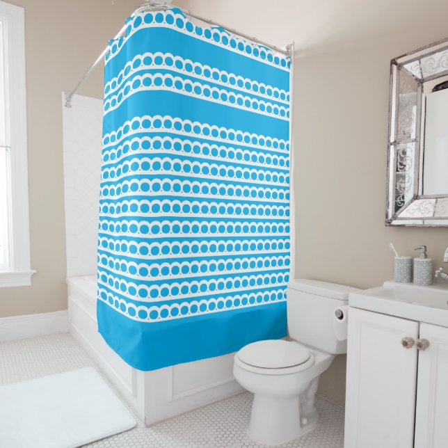 Sky Blue and white Modern bubble Waves Shower Curtain (In Situ)