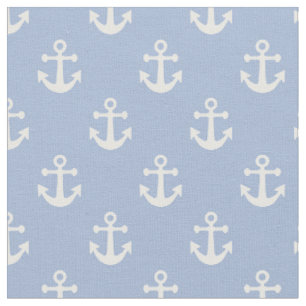 Sky Blue and White Nautical Anchors Pattern Fabric