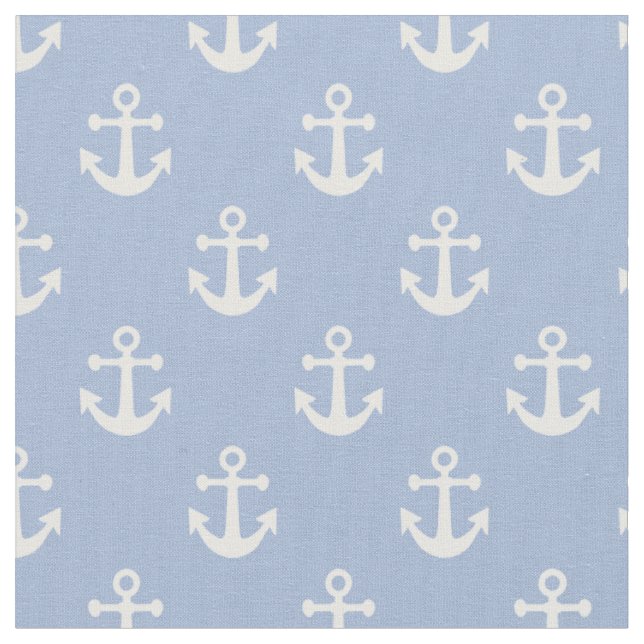Sky Blue and White Nautical Anchors Pattern Fabric (Close Up)