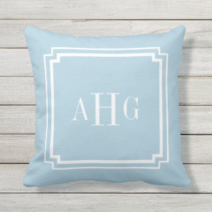 Sky Blue and White Notched Corner Custom Monogram Outdoor Cushion