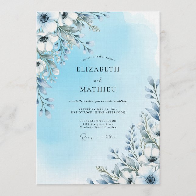 Sky Blue Artistic Bloom Wedding Invitation (Front)