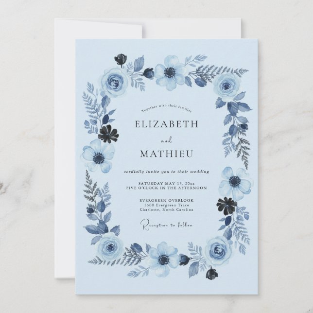 Sky Blue Artistic Blossom Wedding Invitation (Front)