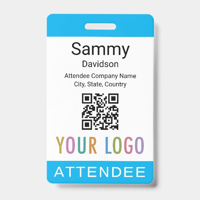 Sky Blue Attendee Badge Event Guest QR Code Logo ID Badge (Front)