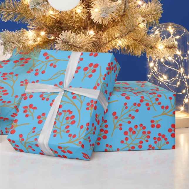 Sky Blue Background With Red Fruit Wrapping Paper (Holidays)