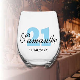 Sky Blue Birthday Number Black 3D Name Date Stemless Wine Glass