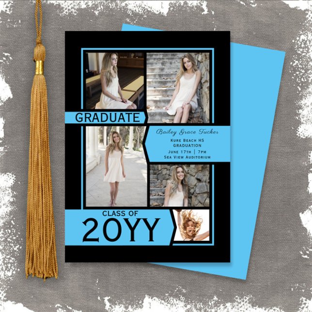 Sky Blue Black Photo Collage Class of Graduation Announcement (Creator Uploaded)
