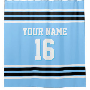 Sky Blue Black White Stripes Sports Jersey Shower Curtain