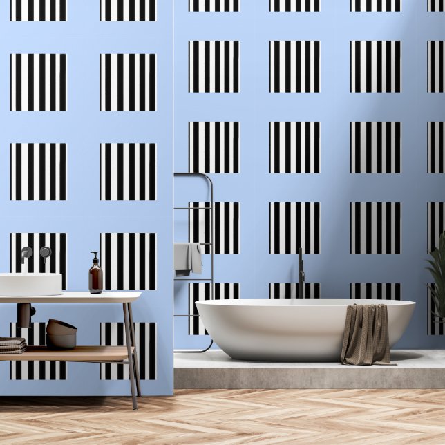 Sky Blue + Black White Stripes Wallpaper (Bathroom)