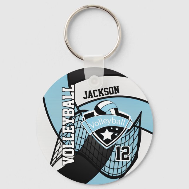 Sky Blue, Black & White Volleyball Design Key Ring (Front)