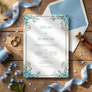 Sky Blue Blossom Elegant Gold Frame Wedding Invitation