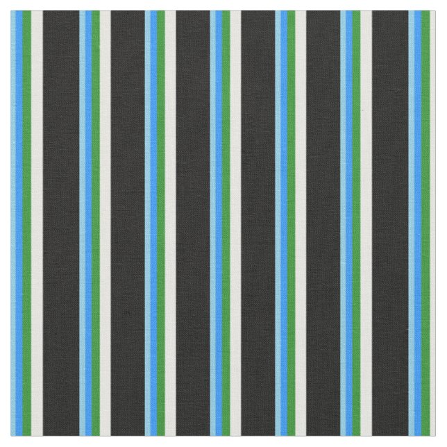 Sky Blue, Blue, Forest Green, White & Black Lines Fabric (Close Up)