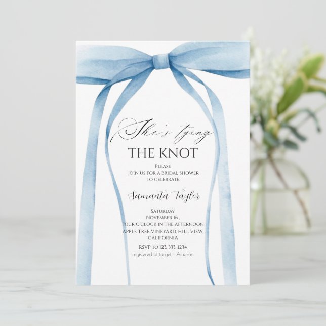 Sky-Blue Bow She's Tying the Knot Bridal Shower Invitation (Standing Front)