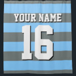 Sky Blue Charcoal Sports Jersey Preppy Stripe Shower Curtain<br><div class="desc">Preppy Striped Team Jersey / Sports Jersey / Football Jersey / Rugby Jersey with Custom Name Customise this with your own name or team name and a number. You can change the size, colour and placement of the text if you need to make changes, change the colour of or remove...</div>
