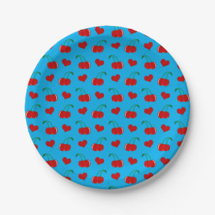 Sky blue cherry hearts paper plate
