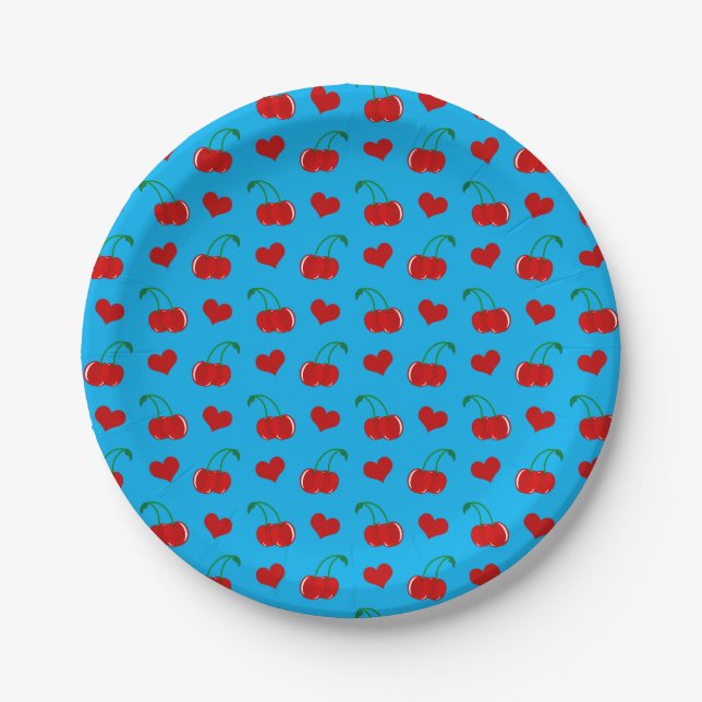Sky blue cherry hearts paper plate (Front)