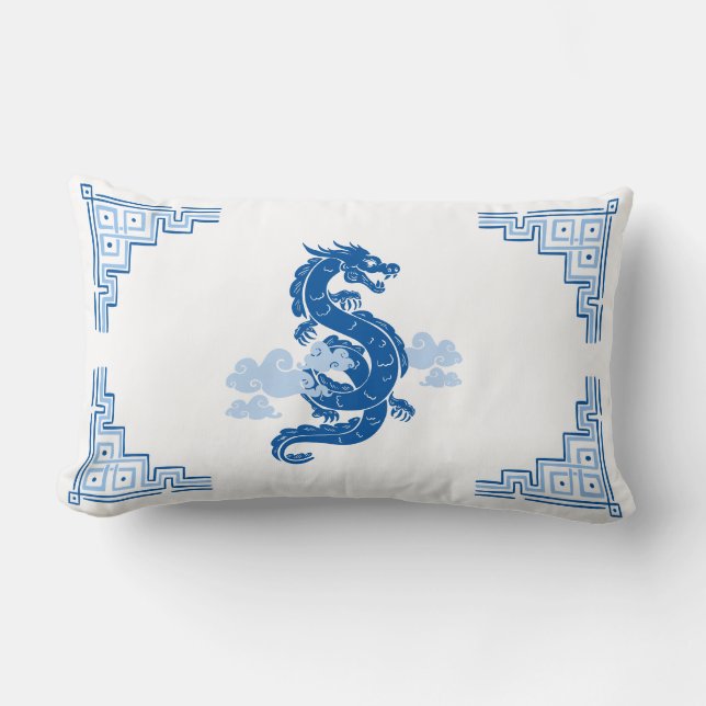 Sky Blue Chinoiserie Dragon and Clouds Lumbar Cushion (Front)