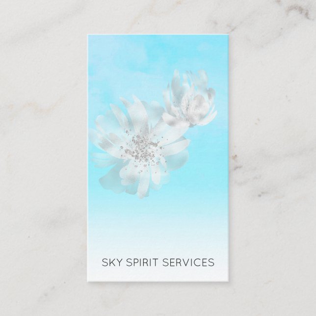 *~* Sky Blue Clouds QR Flowers Glitter Shimmer Business Card (Front)