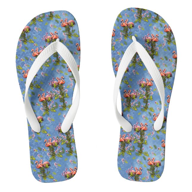Sky blue cloudy and Flamingo's Repeat Print Jandals (Footbed)