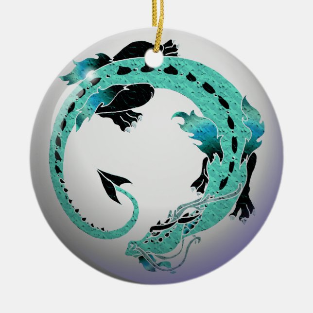 Sky Blue Coiled Dragon Ceramic Tree Decoration (Front)