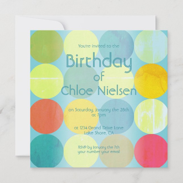 Sky Blue & Colourful Circles Birthday Invitation (Front)