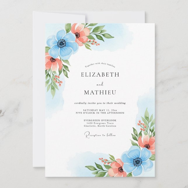 Sky Blue Coral Bloom Wedding Invitation (Front)