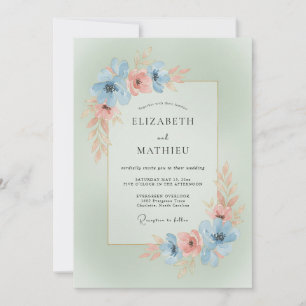 Sky Blue Coral Floral Romance Wedding Invitation
