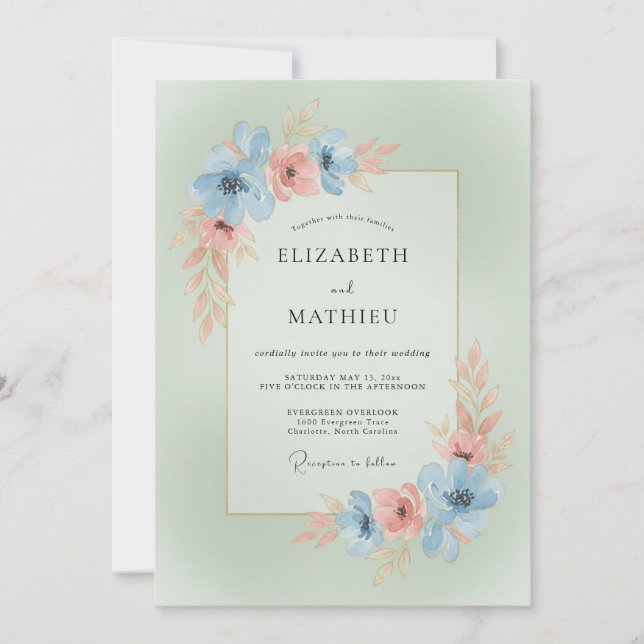 Sky Blue Coral Floral Romance Wedding Invitation (Front)