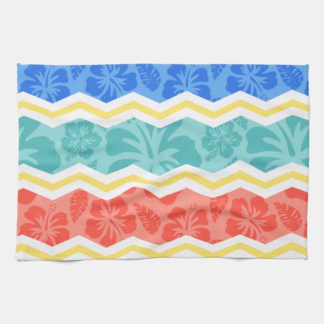 Sky Blue, Coral Pink, and Yellow Tropical Pattern Tea Towel (Horizontal)