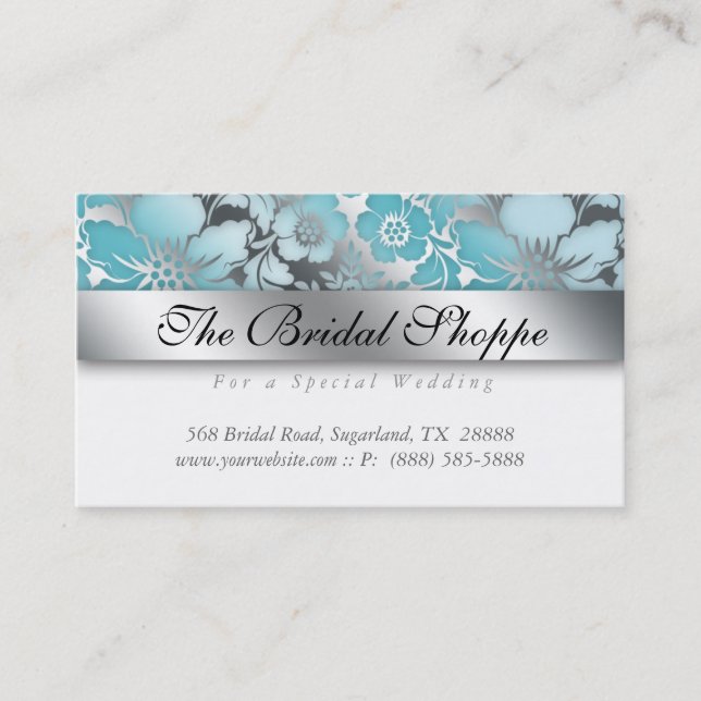Sky Blue Damask Wedding Floral Silver Business Card (Front)
