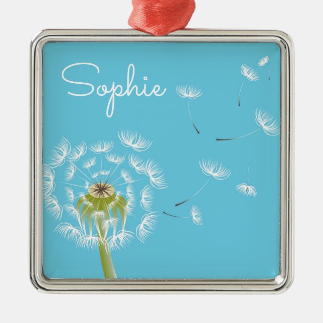 Sky Blue dandelion floral  personal name Metal Tree Decoration (Front)