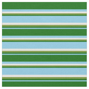 Sky Blue, Dark Green, Green & White Stripes Fabric