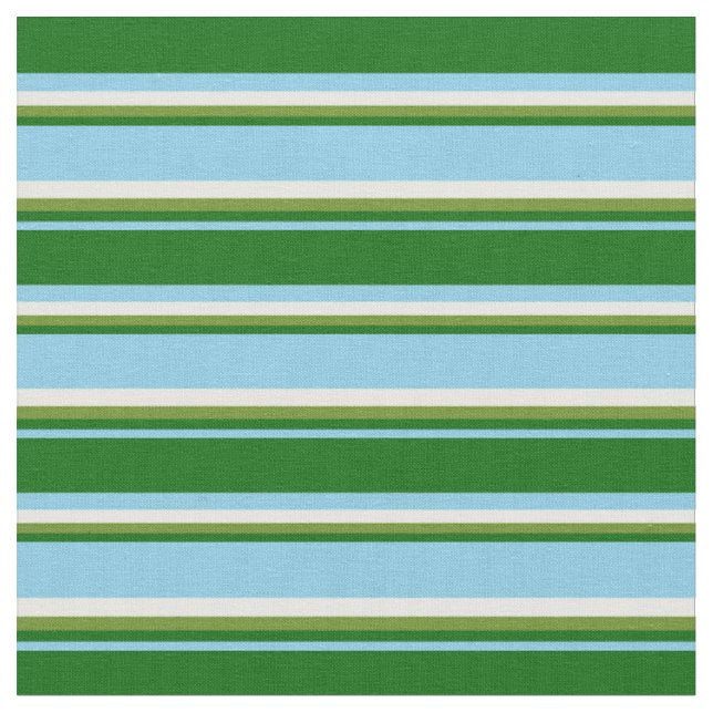 Sky Blue, Dark Green, Green & White Stripes Fabric (Close Up)