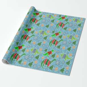 Sky-Blue Dinosaur Christmas Wrapping Paper