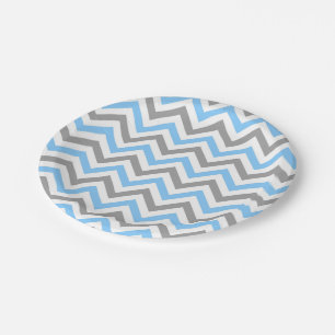 Sky Blue, Dk Grey Wht Large Chevron ZigZag Pattern Paper Plate