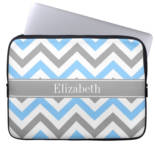 Sky Blue Dk Grey Wht LG Chevron Grey Name Monogram Laptop Sleeve (Front)