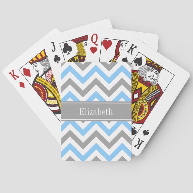 Sky Blue Dk Grey Wht LG Chevron Grey Name Monogram Playing Cards (Back)