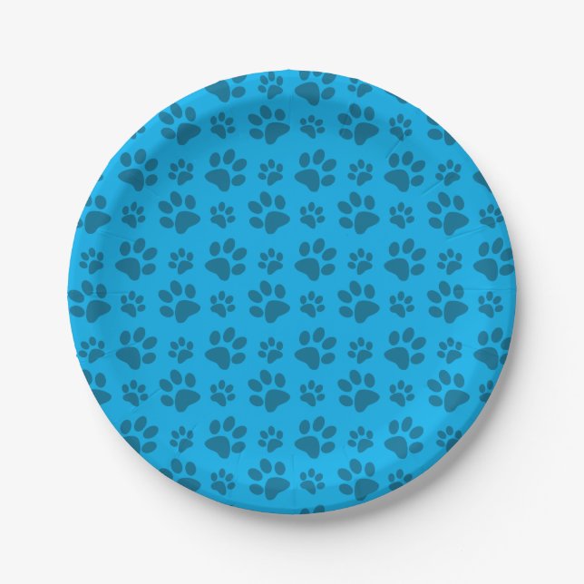 Sky blue dog paw print pattern paper plate (Front)