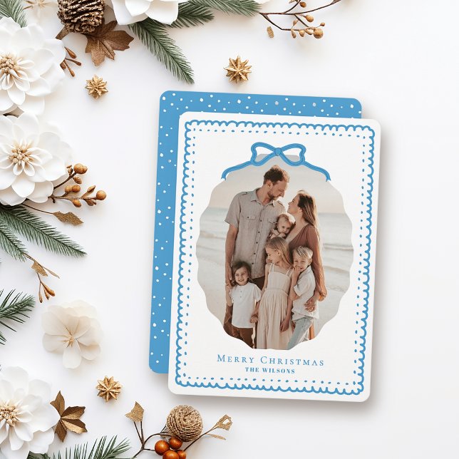 Sky Blue Doodle Frames & Bow Photo Christmas Holiday Card (Creator Uploaded)