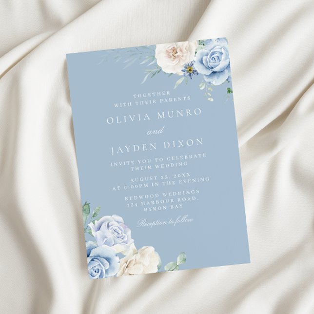 Sky Blue Dusty Blue Flowers Wedding Invitation (Creator Uploaded)