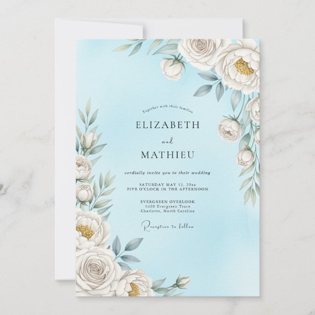Sky Blue Ethereal Blossom Wedding Invitation (Front)