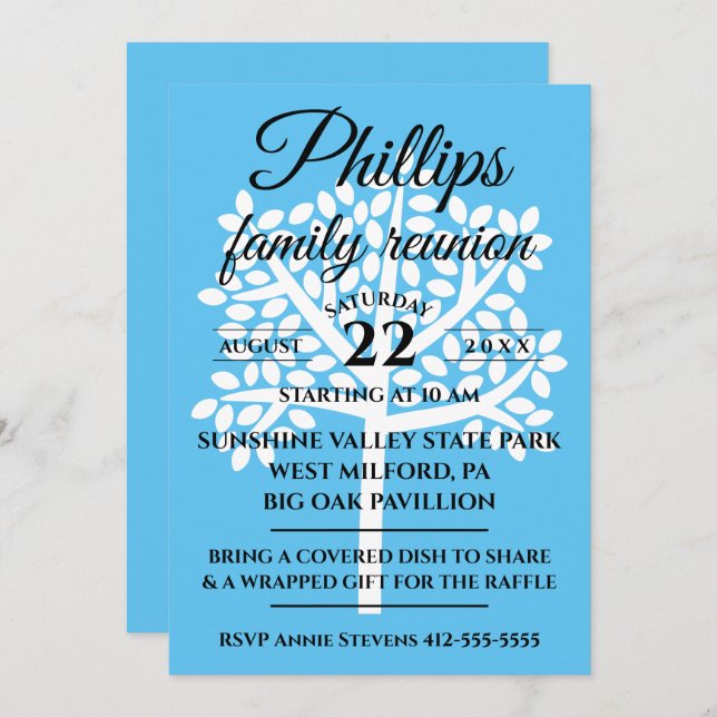 Sky Blue Family Reunion White Tree Silhouette Invitation (Front/Back)