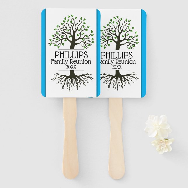 Sky Blue Family Tree Family Reunion Hand Fan (Front and Back)