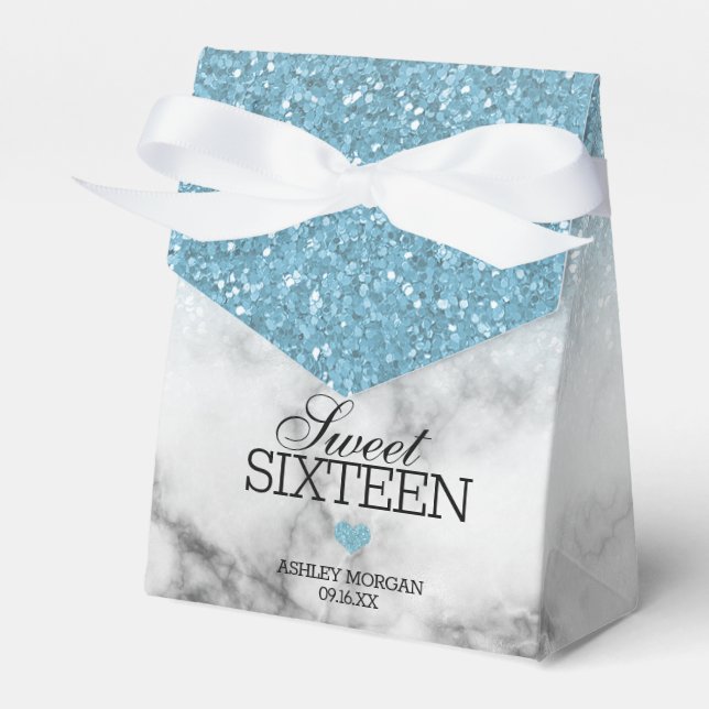 Sky Blue Faux Glitter/Marble Sweet 16 Favour Box (Front Side)