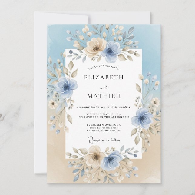 Sky Blue Floral Bliss Wedding Invitation (Front)