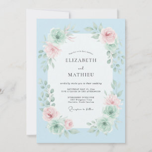 Sky Blue Floral Brushstroke Wedding Invitation